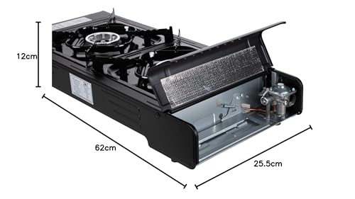Z.M.C PREMIUM Camping Gaskocher 2-flammig + Grillplatte 45x24 cm + 8 Gaskartuschen 227g, Campingkocher mit Zündsicherung für Outdoor und Innenraum, Balkon Doppelgaskocher mit Piezozündung