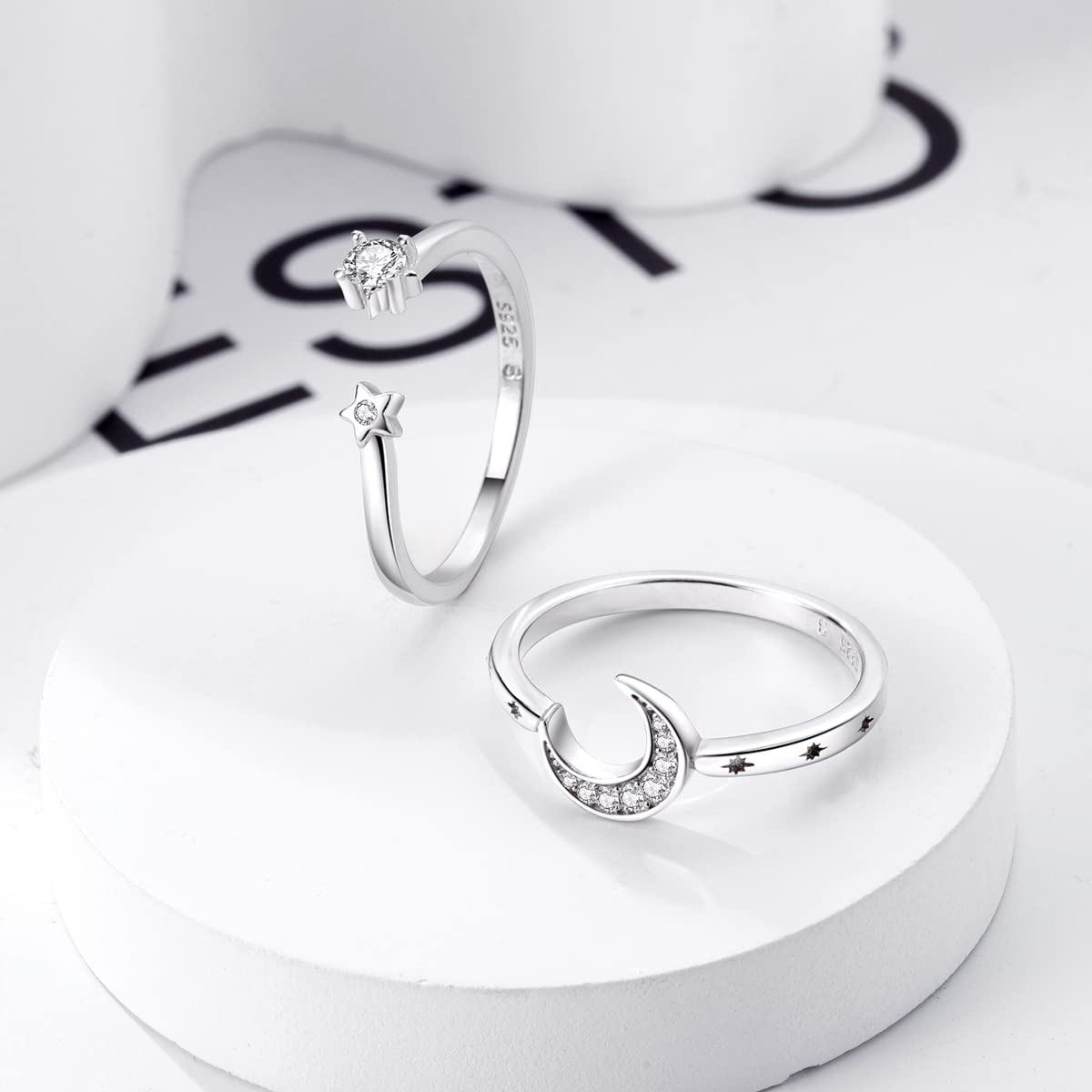NARMO 925 Sterling Silber Frauen Ringe Mond Stern Ring Evil Eye Ring Bunte Cubic Zirkonia Ring Stapelbare Vintage Ringe Statement Ringe für Frauen Größe 52-60mm