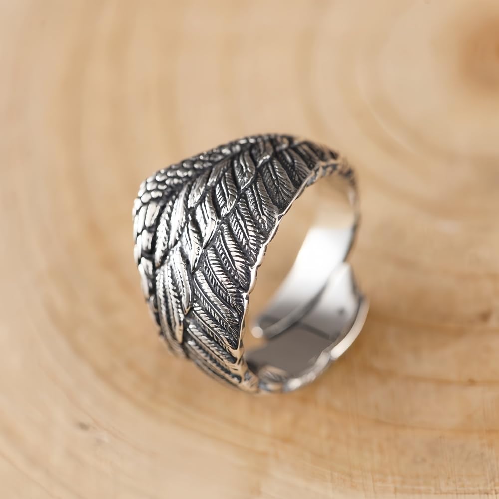 ELB Bike Vintage Schwarz 925 Sterling Silber Flügel Feder Ring Engelsflügel Schmuck für Herren Damen Offen und Verstellbar