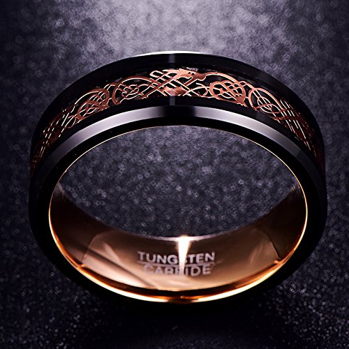 NUNCAD Schwarz Ring Wolfram Partner Ring Herren Damen 8mm Keltische Drachen Ring mit Kohlefasern Blau/Grün/Rot/Rosegold Größe 49.3-72(15.7-22.9)