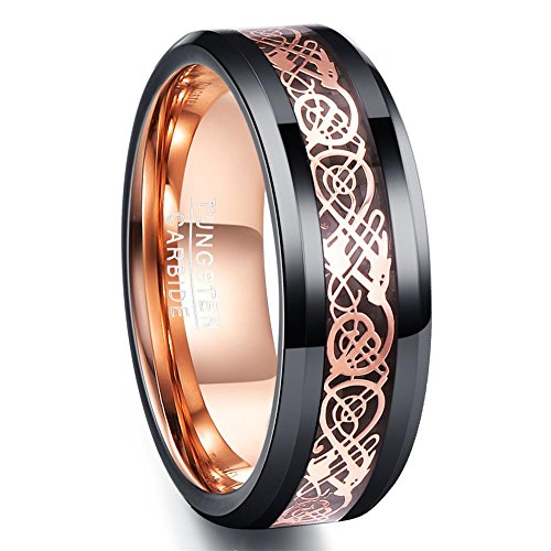 NUNCAD Schwarz Ring Wolfram Partner Ring Herren Damen 8mm Keltische Drachen Ring mit Kohlefasern Blau/Grün/Rot/Rosegold Größe 49.3-72(15.7-22.9)