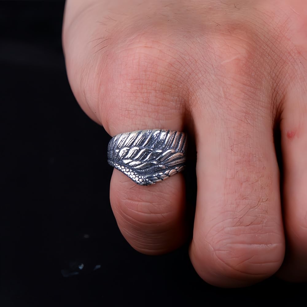 ELB Bike Vintage Schwarz 925 Sterling Silber Flügel Feder Ring Engelsflügel Schmuck für Herren Damen Offen und Verstellbar