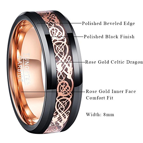 NUNCAD Schwarz Ring Wolfram Partner Ring Herren Damen 8mm Keltische Drachen Ring mit Kohlefasern Blau/Grün/Rot/Rosegold Größe 49.3-72(15.7-22.9)