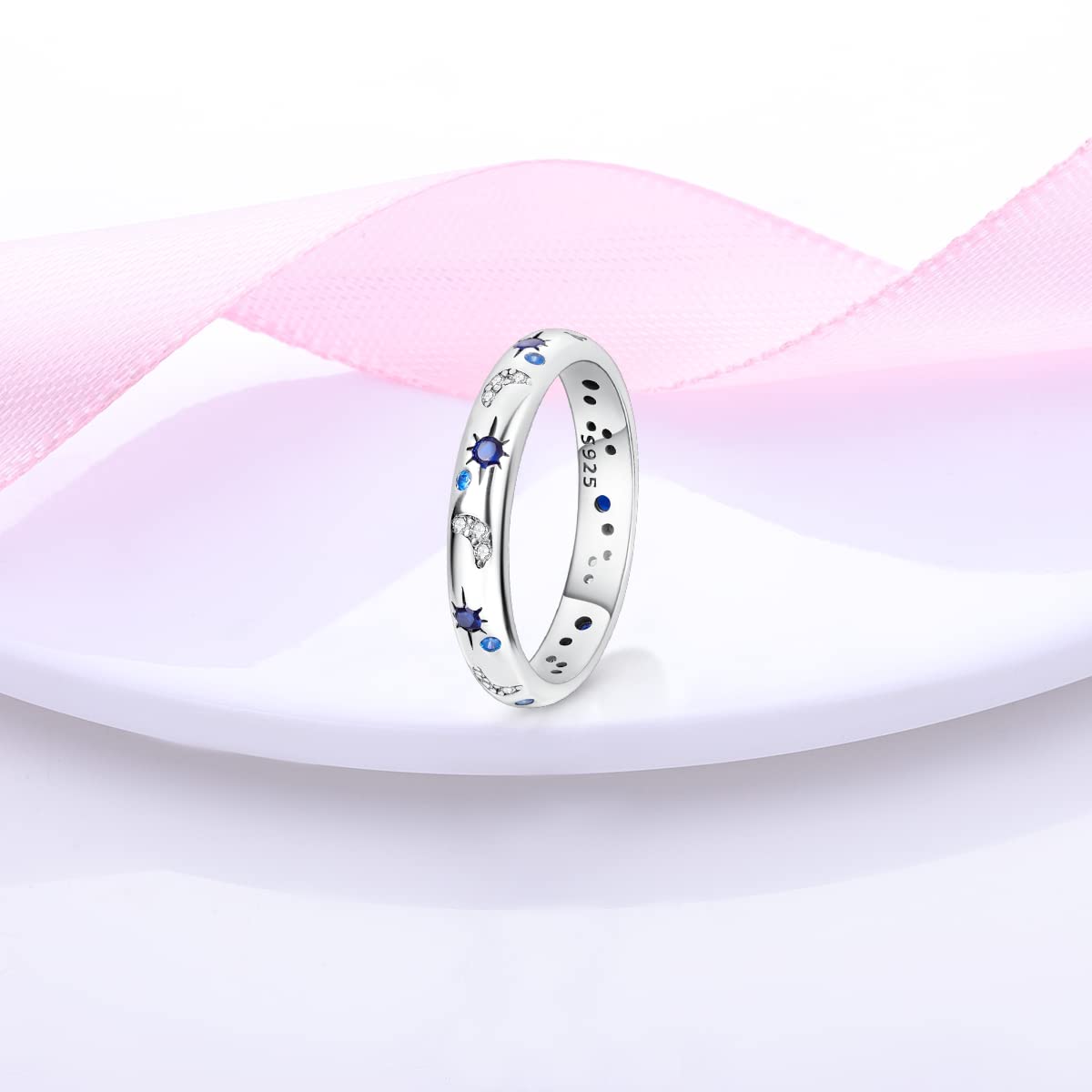 NARMO 925 Sterling Silber Frauen Ringe Mond Stern Ring Evil Eye Ring Bunte Cubic Zirkonia Ring Stapelbare Vintage Ringe Statement Ringe für Frauen Größe 52-60mm