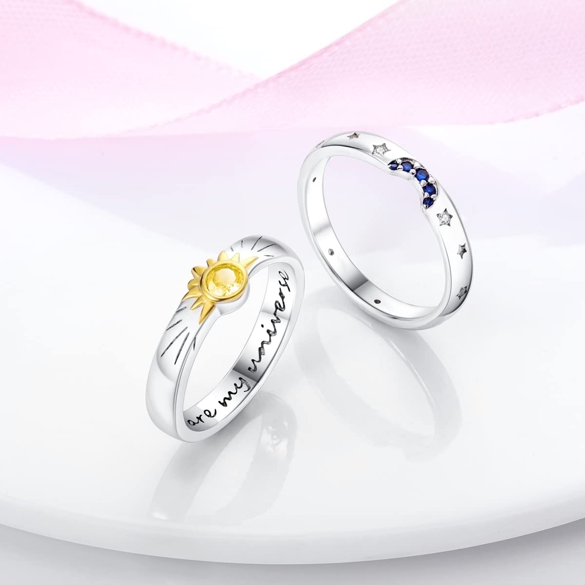 NARMO 925 Sterling Silber Frauen Ringe Mond Stern Ring Evil Eye Ring Bunte Cubic Zirkonia Ring Stapelbare Vintage Ringe Statement Ringe für Frauen Größe 52-60mm