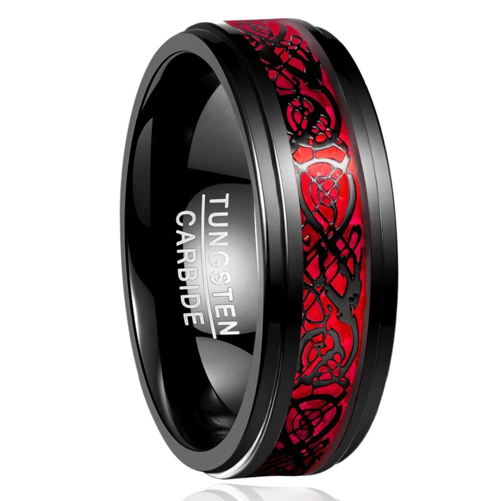 NUNCAD Schwarz Ring Wolfram Partner Ring Herren Damen 8mm Keltische Drachen Ring mit Kohlefasern Blau/Grün/Rot/Rosegold Größe 49.3-72(15.7-22.9)