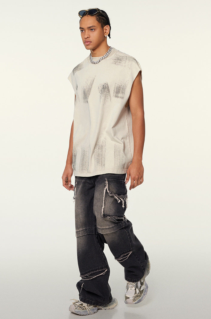 WACOON trashy Distressed High Street Round Neck Sleeveless Tank Top(310GSM)