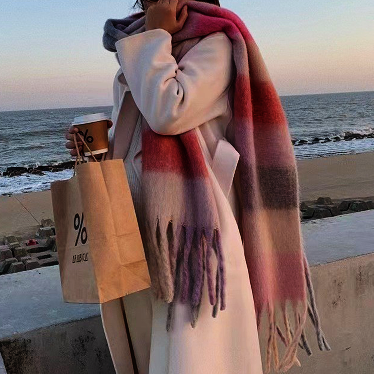 WACOON Schal bunt, lang Imitation Cashmere Tassel Rainbow Scarf