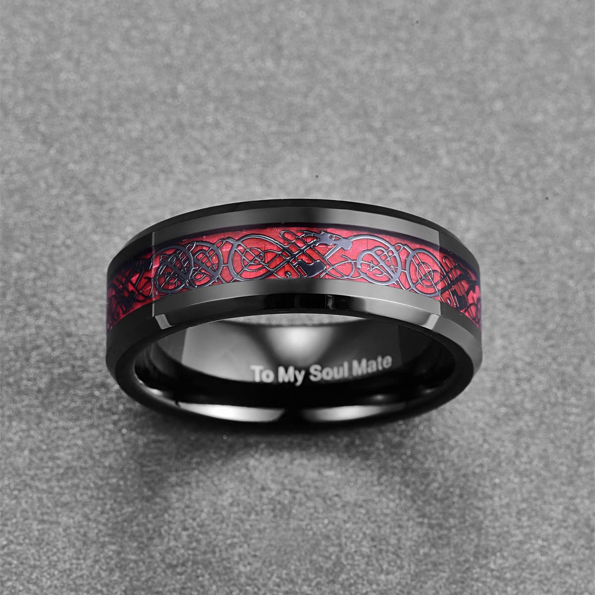 NUNCAD Schwarz Ring Wolfram Partner Ring Herren Damen 8mm Keltische Drachen Ring mit Kohlefasern Blau/Grün/Rot/Rosegold Größe 49.3-72(15.7-22.9)