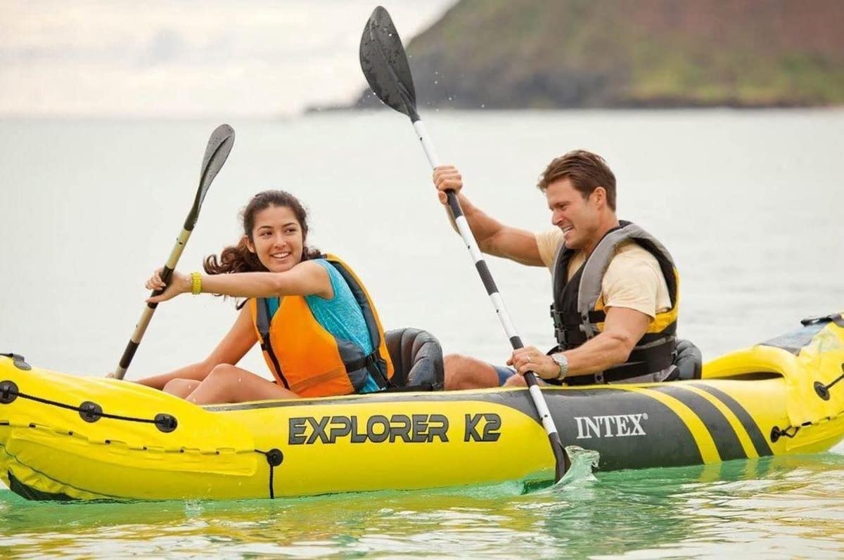 ELB Flüsse-Intex Explorer K2 Kayak, 2-Person Inflatable Kayak Set with Aluminum Oars and High Output Air Pump