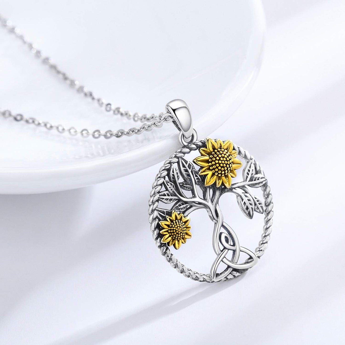 Ederseensucht-Sonnenblumen-Halskette, 925er Sterlingsilber, Gänseblümchen/Rose/Mondstein, Sonnenblumen-Baum des Lebens-Anhänger-Halskette, Sonnenblumen-Schmuck, Geschenke für Frauen, Mädchen, Mütter