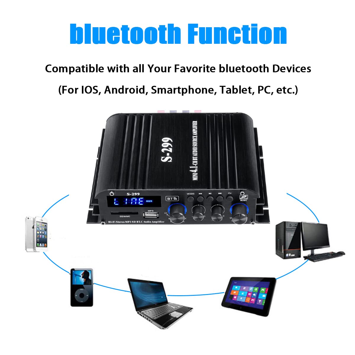 Etlephe Mini Verstärker,HIFI Verstärker,Bluetooth 5.0-Stereo Audio,12 V 220 V 600 W, 2 Kanäle, LCD-Display, High Fidelity, tragbares UKW-Radio, SD/USB-Karteneingang, für Zuhause oder Auto
