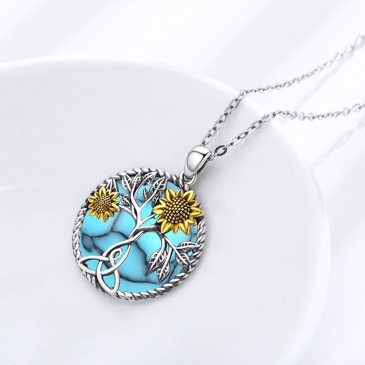 Ederseensucht-Sonnenblumen-Halskette, 925er Sterlingsilber, Gänseblümchen/Rose/Mondstein, Sonnenblumen-Baum des Lebens-Anhänger-Halskette, Sonnenblumen-Schmuck, Geschenke für Frauen, Mädchen, Mütter