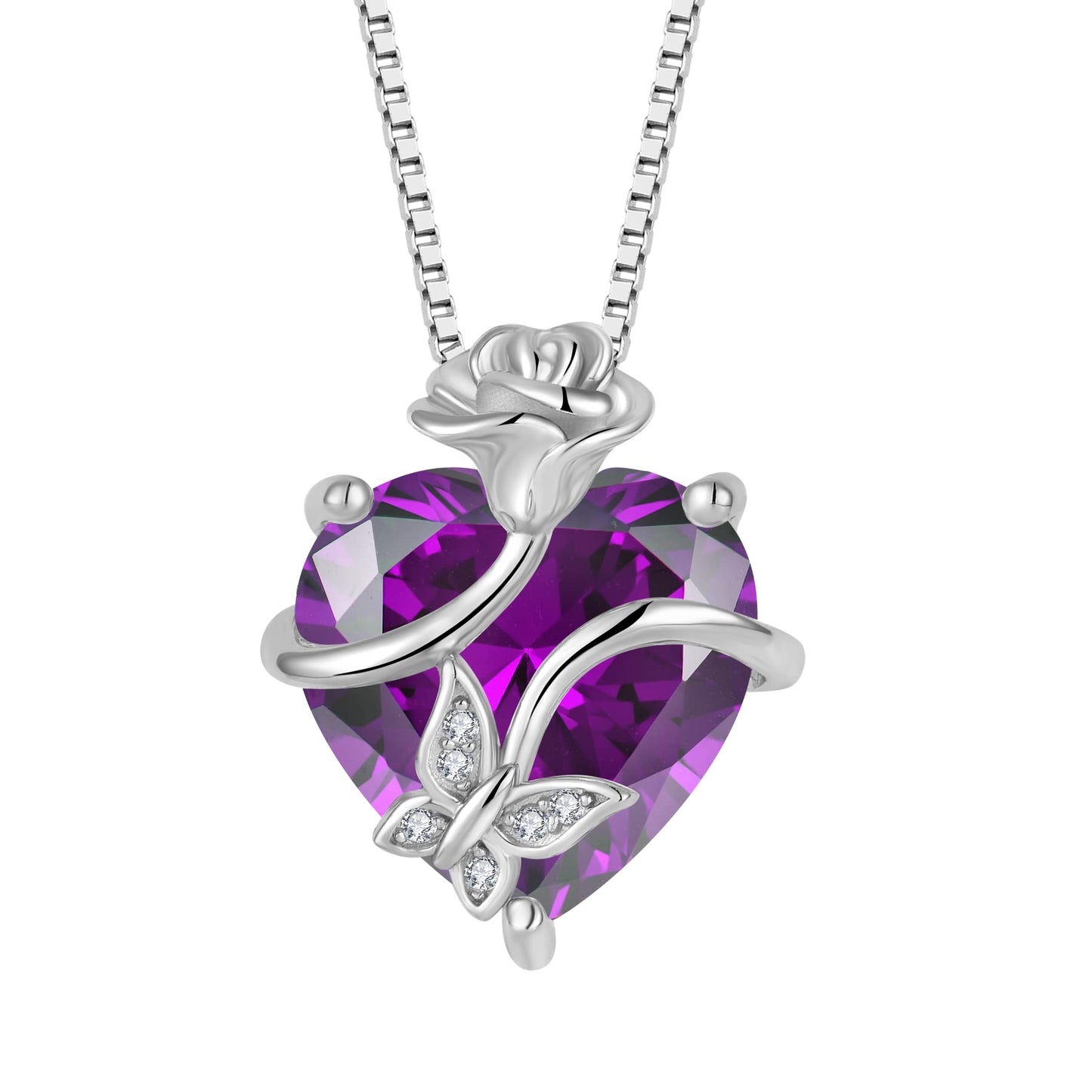 FJ Herz Geburtsstein Kette Damen 925 Sterling Silber Schmetterling Kette Anhänger mit Rose Blume Schmuck Geschenke für Frauen Mutter Freundin Mama