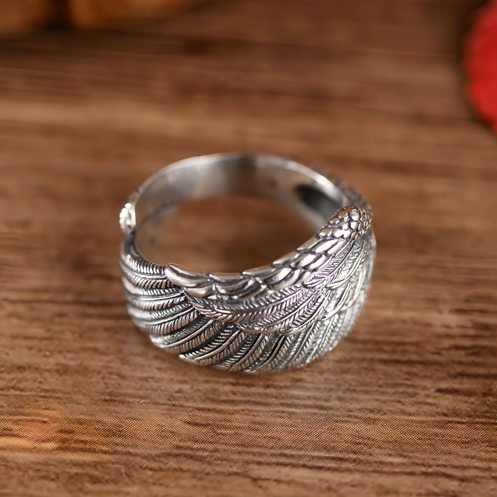 ELB Bike Vintage Schwarz 925 Sterling Silber Flügel Feder Ring Engelsflügel Schmuck für Herren Damen Offen und Verstellbar