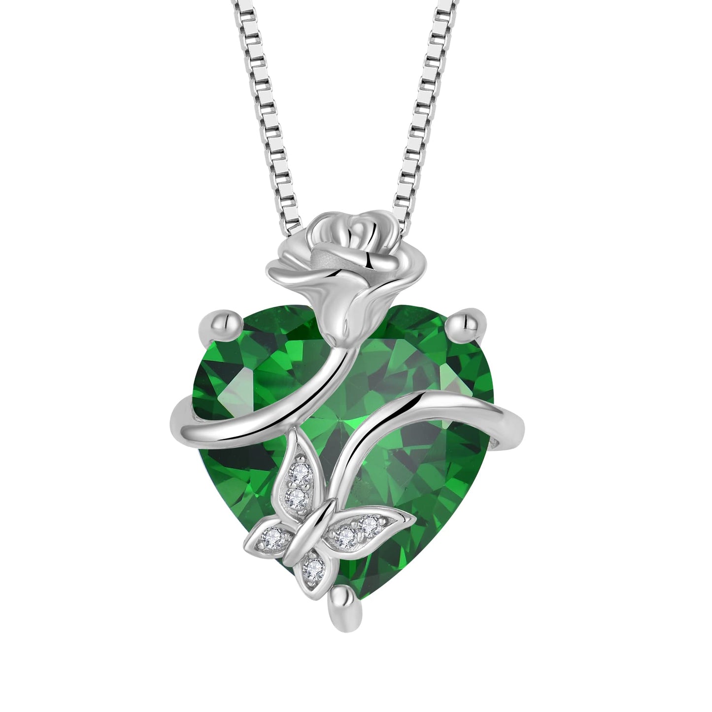 FJ Herz Geburtsstein Kette Damen 925 Sterling Silber Schmetterling Kette Anhänger mit Rose Blume Schmuck Geschenke für Frauen Mutter Freundin Mama