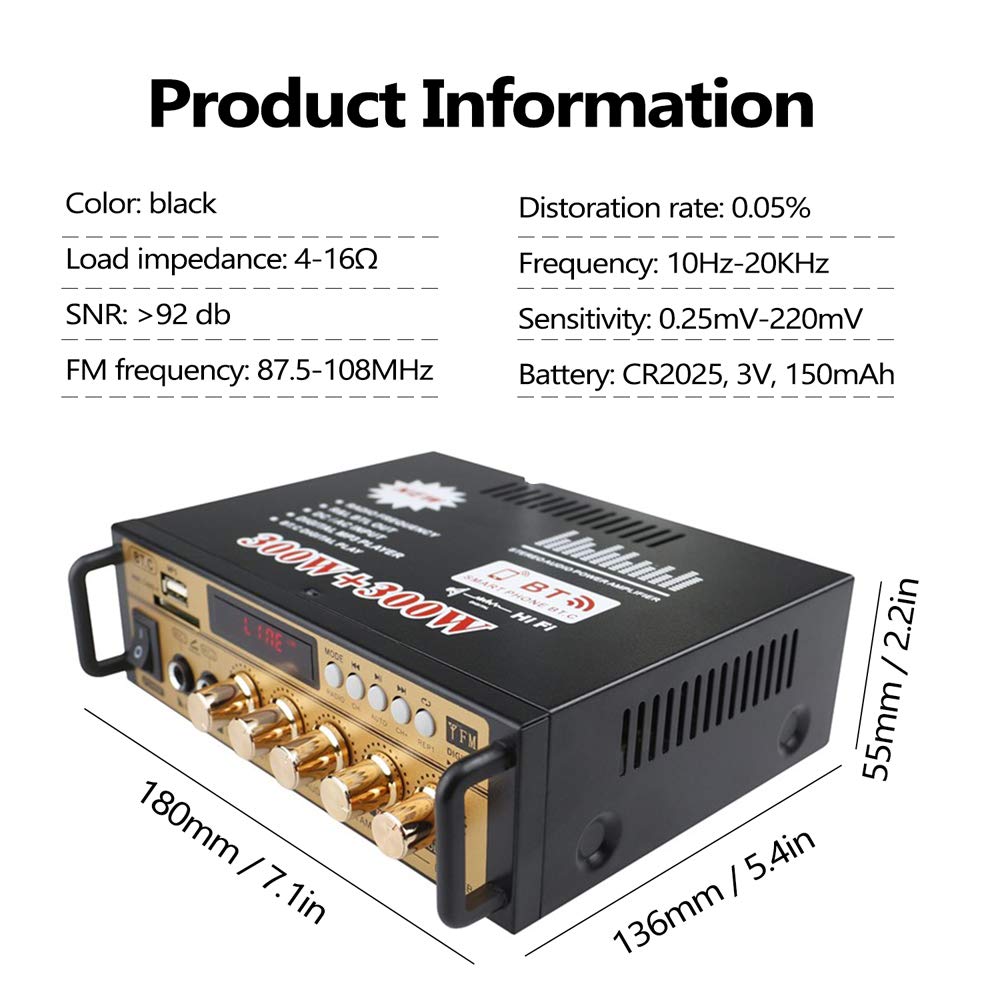 Etlephe Mini Verstärker,HIFI Verstärker,Bluetooth 5.0-Stereo Audio,12 V 220 V 600 W, 2 Kanäle, LCD-Display, High Fidelity, tragbares UKW-Radio, SD/USB-Karteneingang, für Zuhause oder Auto