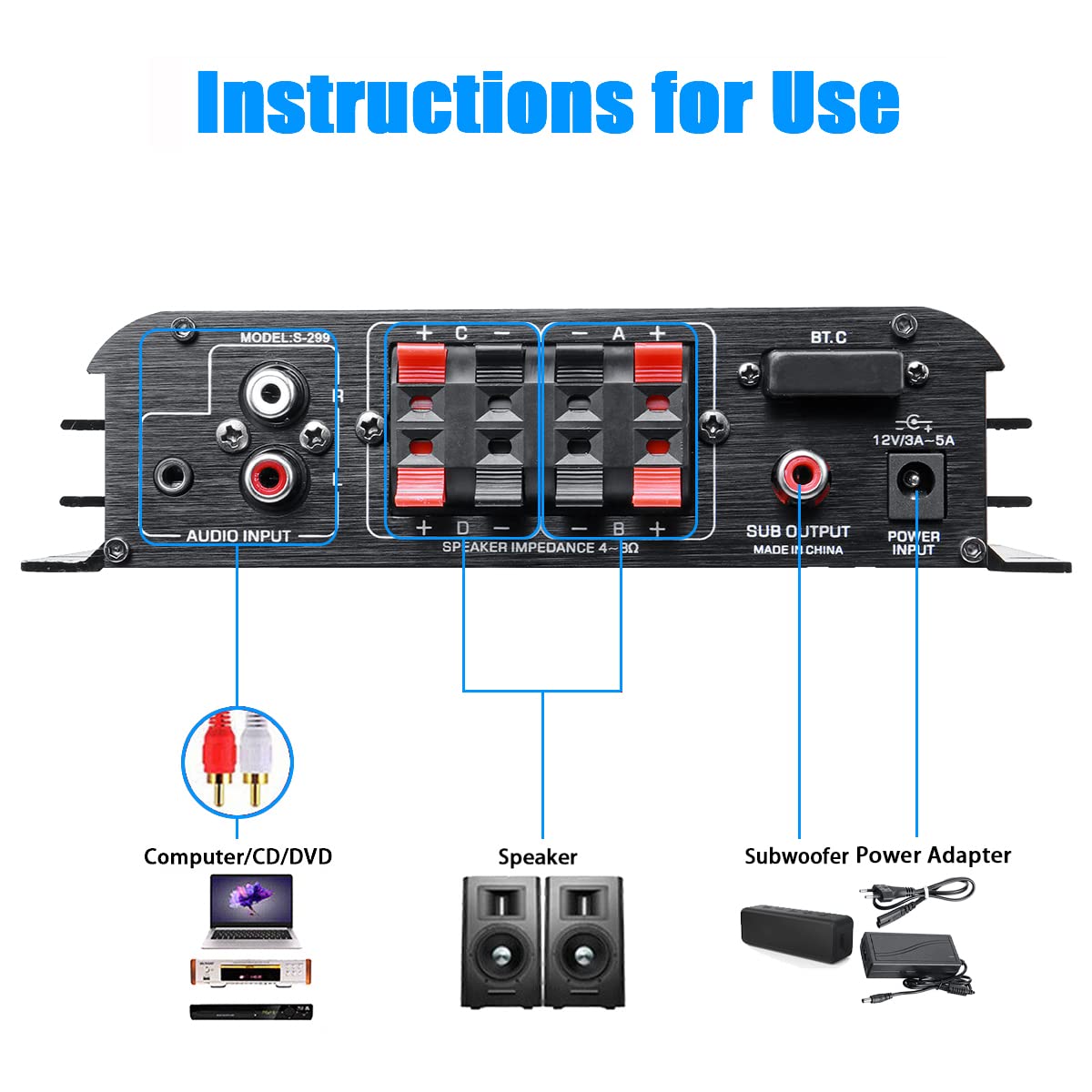 Etlephe Mini Verstärker,HIFI Verstärker,Bluetooth 5.0-Stereo Audio,12 V 220 V 600 W, 2 Kanäle, LCD-Display, High Fidelity, tragbares UKW-Radio, SD/USB-Karteneingang, für Zuhause oder Auto