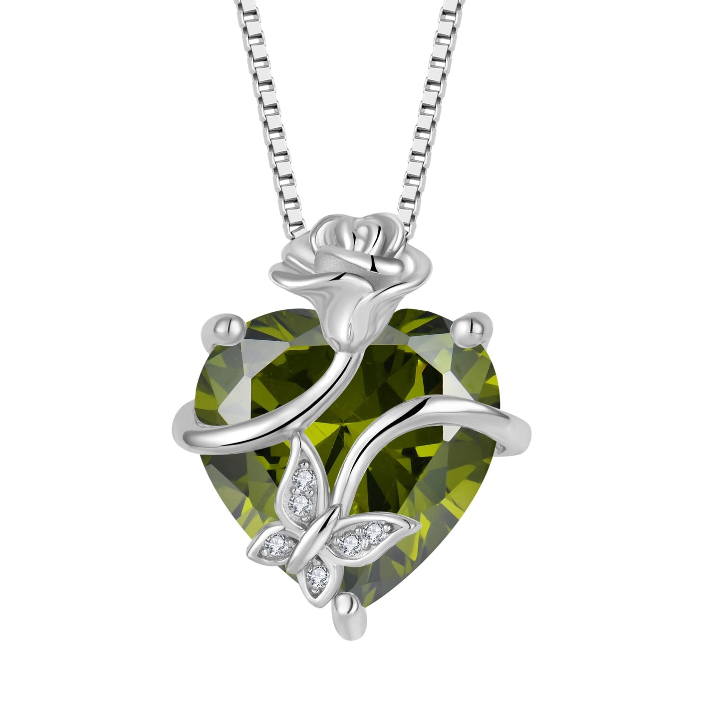 FJ Herz Geburtsstein Kette Damen 925 Sterling Silber Schmetterling Kette Anhänger mit Rose Blume Schmuck Geschenke für Frauen Mutter Freundin Mama