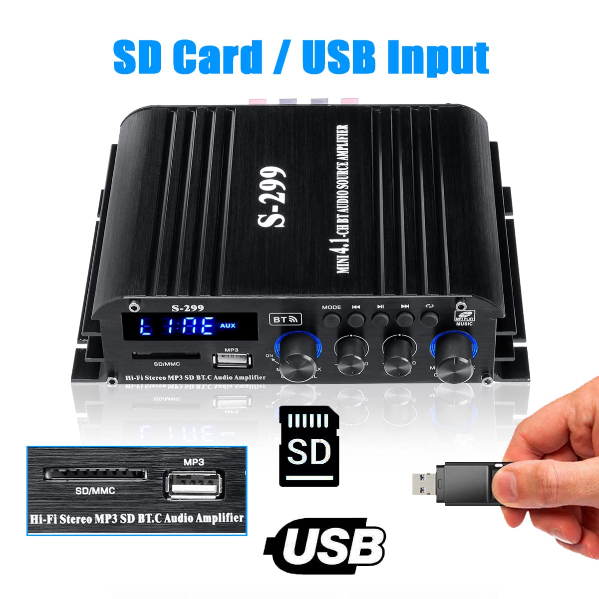 Etlephe Mini Verstärker,HIFI Verstärker,Bluetooth 5.0-Stereo Audio,12 V 220 V 600 W, 2 Kanäle, LCD-Display, High Fidelity, tragbares UKW-Radio, SD/USB-Karteneingang, für Zuhause oder Auto