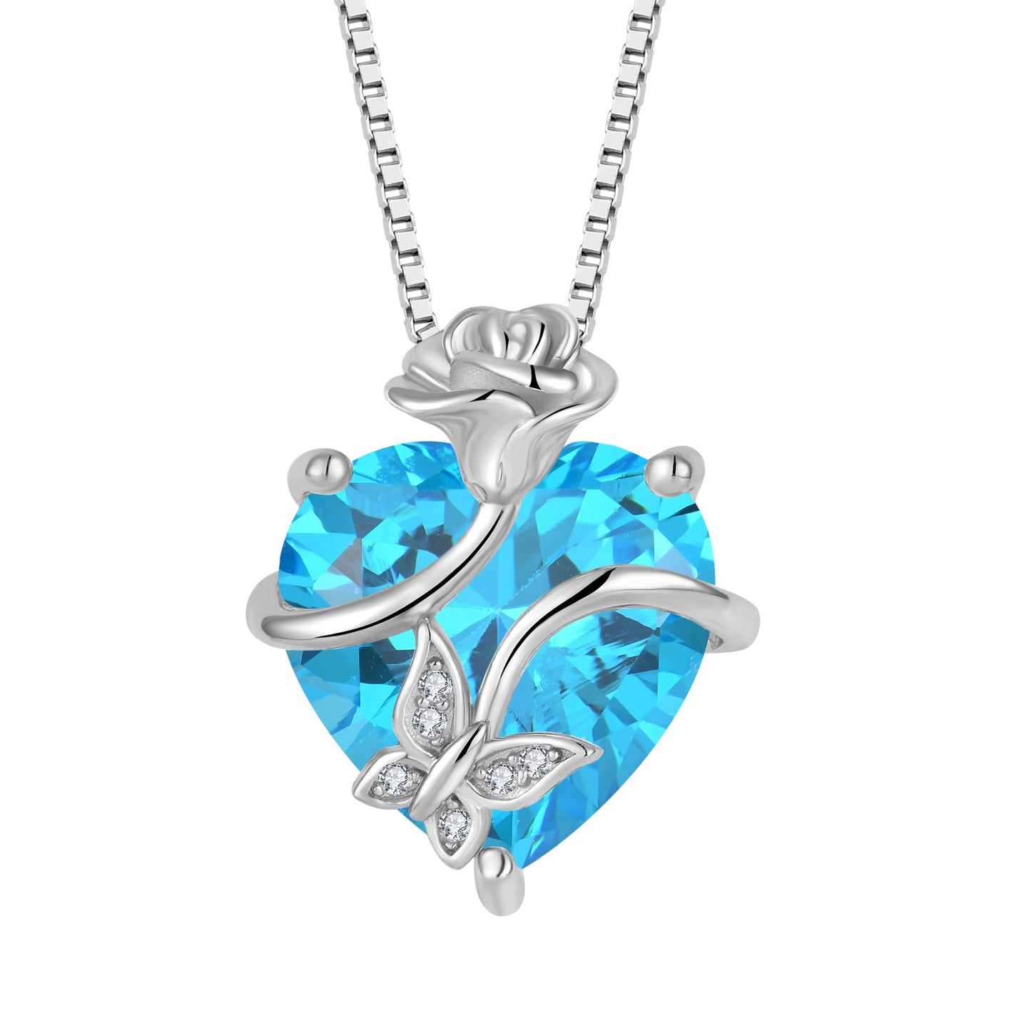 FJ Herz Geburtsstein Kette Damen 925 Sterling Silber Schmetterling Kette Anhänger mit Rose Blume Schmuck Geschenke für Frauen Mutter Freundin Mama