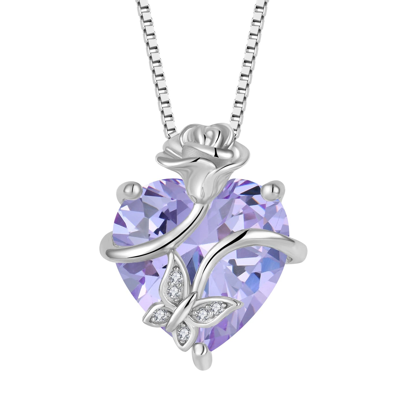 FJ Herz Geburtsstein Kette Damen 925 Sterling Silber Schmetterling Kette Anhänger mit Rose Blume Schmuck Geschenke für Frauen Mutter Freundin Mama