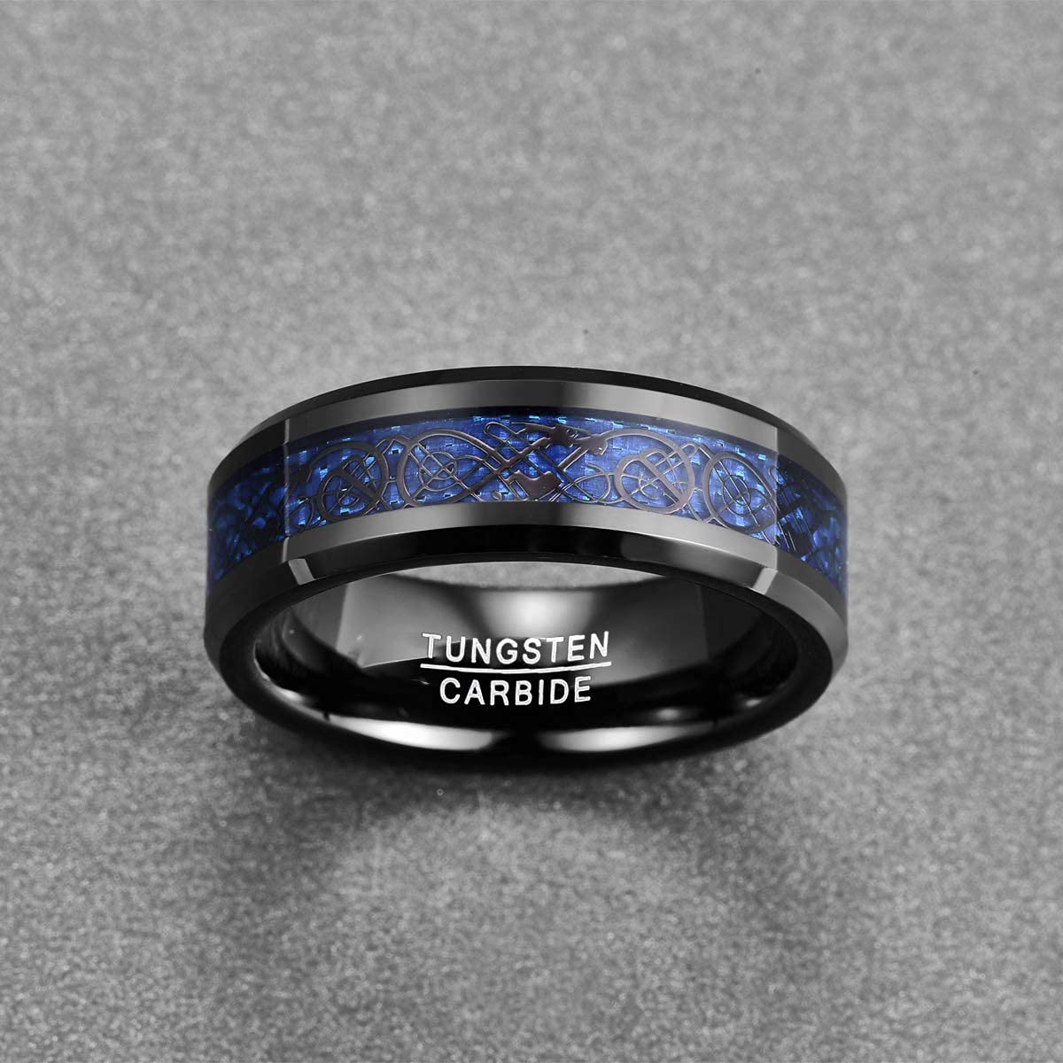 NUNCAD Schwarz Ring Wolfram Partner Ring Herren Damen 8mm Keltische Drachen Ring mit Kohlefasern Blau/Grün/Rot/Rosegold Größe 49.3-72(15.7-22.9)