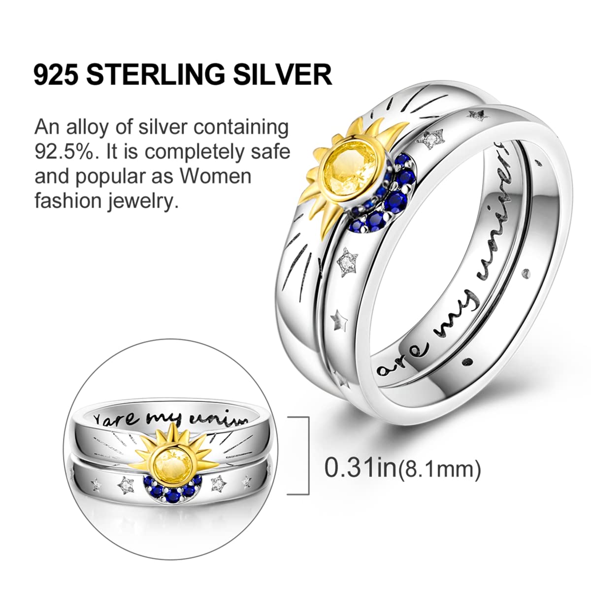 NARMO 925 Sterling Silber Frauen Ringe Mond Stern Ring Evil Eye Ring Bunte Cubic Zirkonia Ring Stapelbare Vintage Ringe Statement Ringe für Frauen Größe 52-60mm