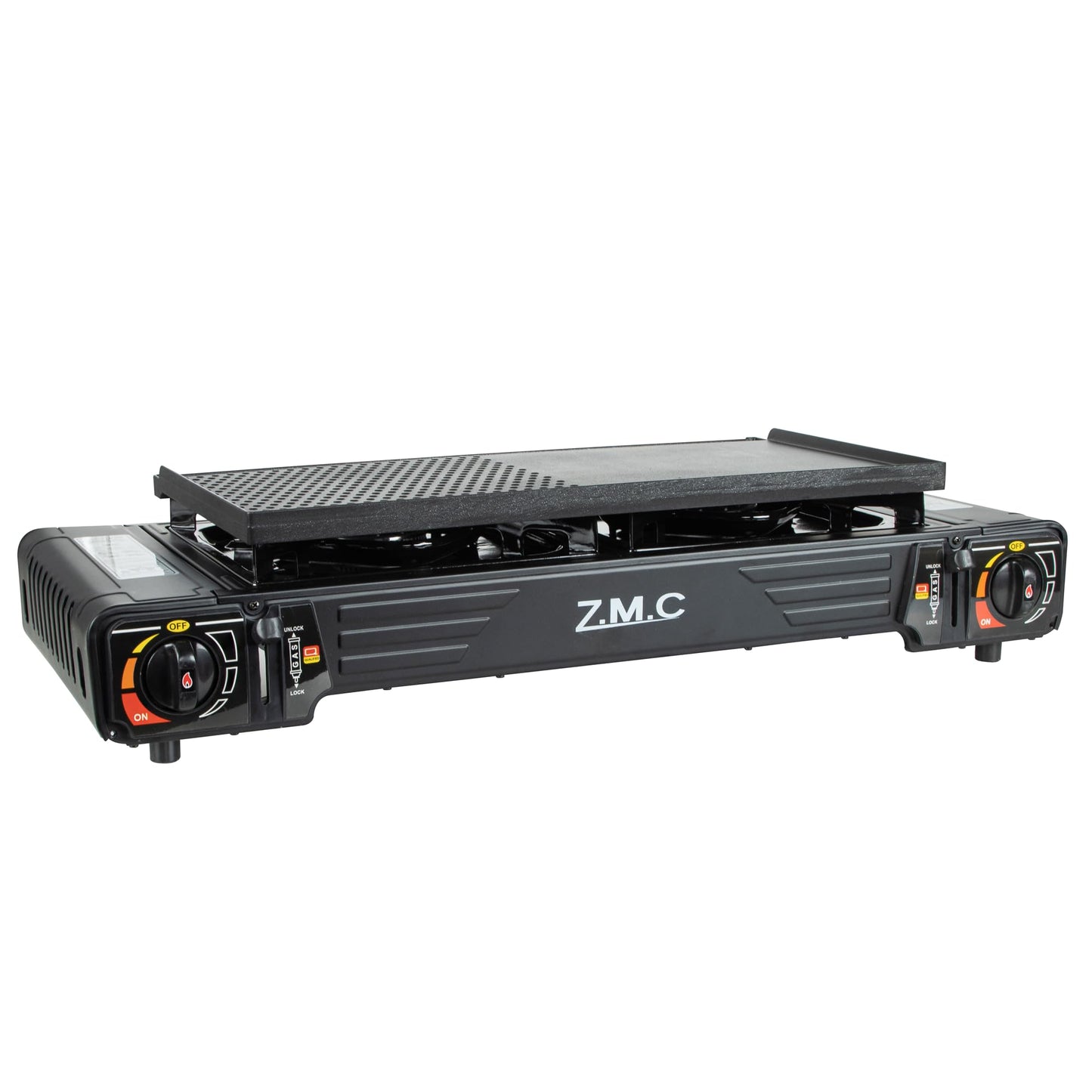 Z.M.C PREMIUM Camping Gaskocher 2-flammig + Grillplatte 45x24 cm + 8 Gaskartuschen 227g, Campingkocher mit Zündsicherung für Outdoor und Innenraum, Balkon Doppelgaskocher mit Piezozündung