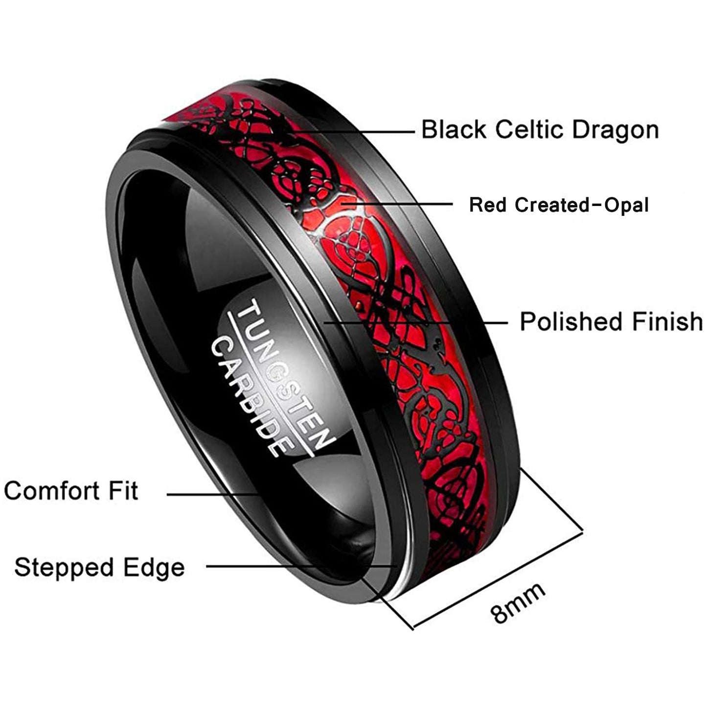 NUNCAD Schwarz Ring Wolfram Partner Ring Herren Damen 8mm Keltische Drachen Ring mit Kohlefasern Blau/Grün/Rot/Rosegold Größe 49.3-72(15.7-22.9)