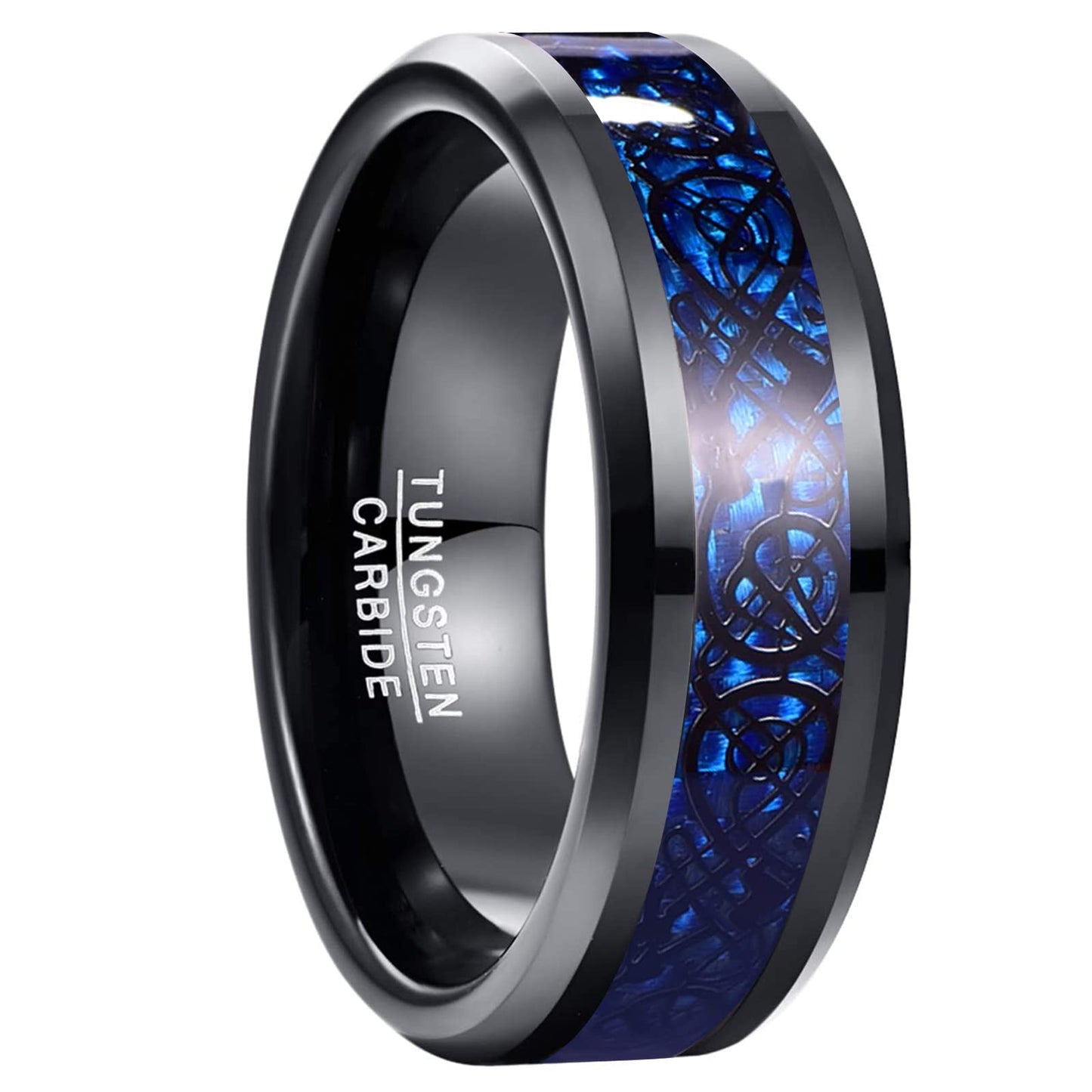 NUNCAD Schwarz Ring Wolfram Partner Ring Herren Damen 8mm Keltische Drachen Ring mit Kohlefasern Blau/Grün/Rot/Rosegold Größe 49.3-72(15.7-22.9)