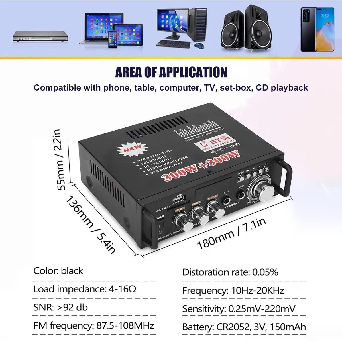 Etlephe Mini Verstärker,HIFI Verstärker,Bluetooth 5.0-Stereo Audio,12 V 220 V 600 W, 2 Kanäle, LCD-Display, High Fidelity, tragbares UKW-Radio, SD/USB-Karteneingang, für Zuhause oder Auto