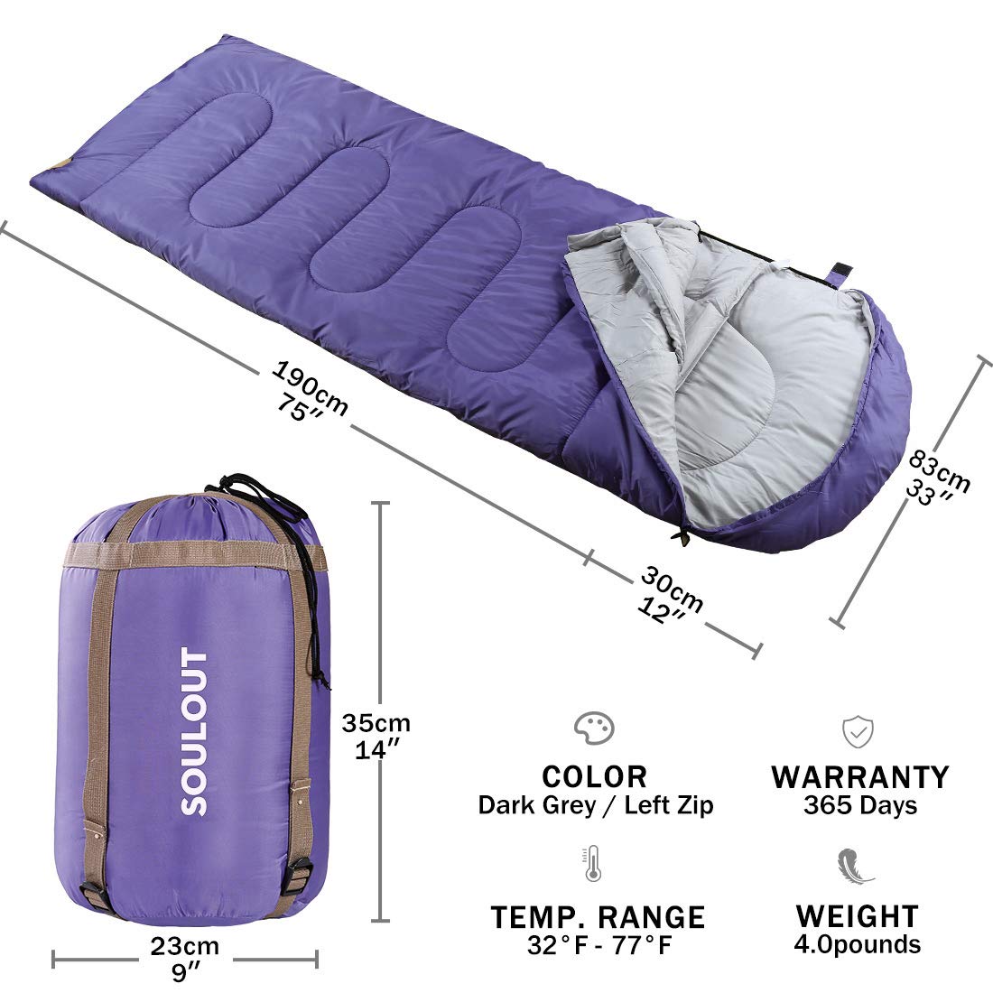 SOULOUT Schlafsack 3-4 Jahreszeiten - Wasserdichter Leichter Deckenschlafsack für Camping, Reisen und Outdoor-Aktivitäten -Ideal für Erwachsene und Kinder - 220 x 83 cm