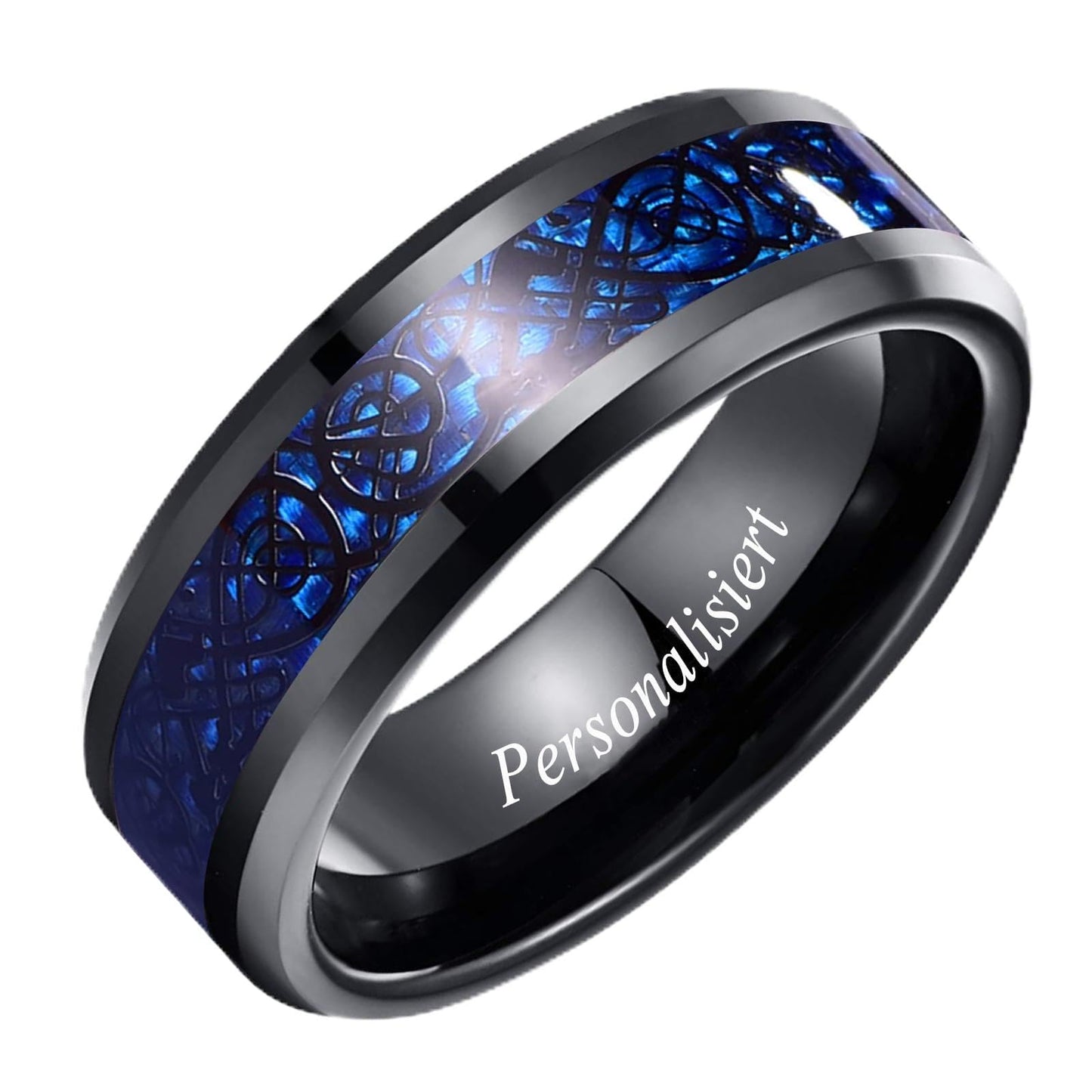 NUNCAD Schwarz Ring Wolfram Partner Ring Herren Damen 8mm Keltische Drachen Ring mit Kohlefasern Blau/Grün/Rot/Rosegold Größe 49.3-72(15.7-22.9)