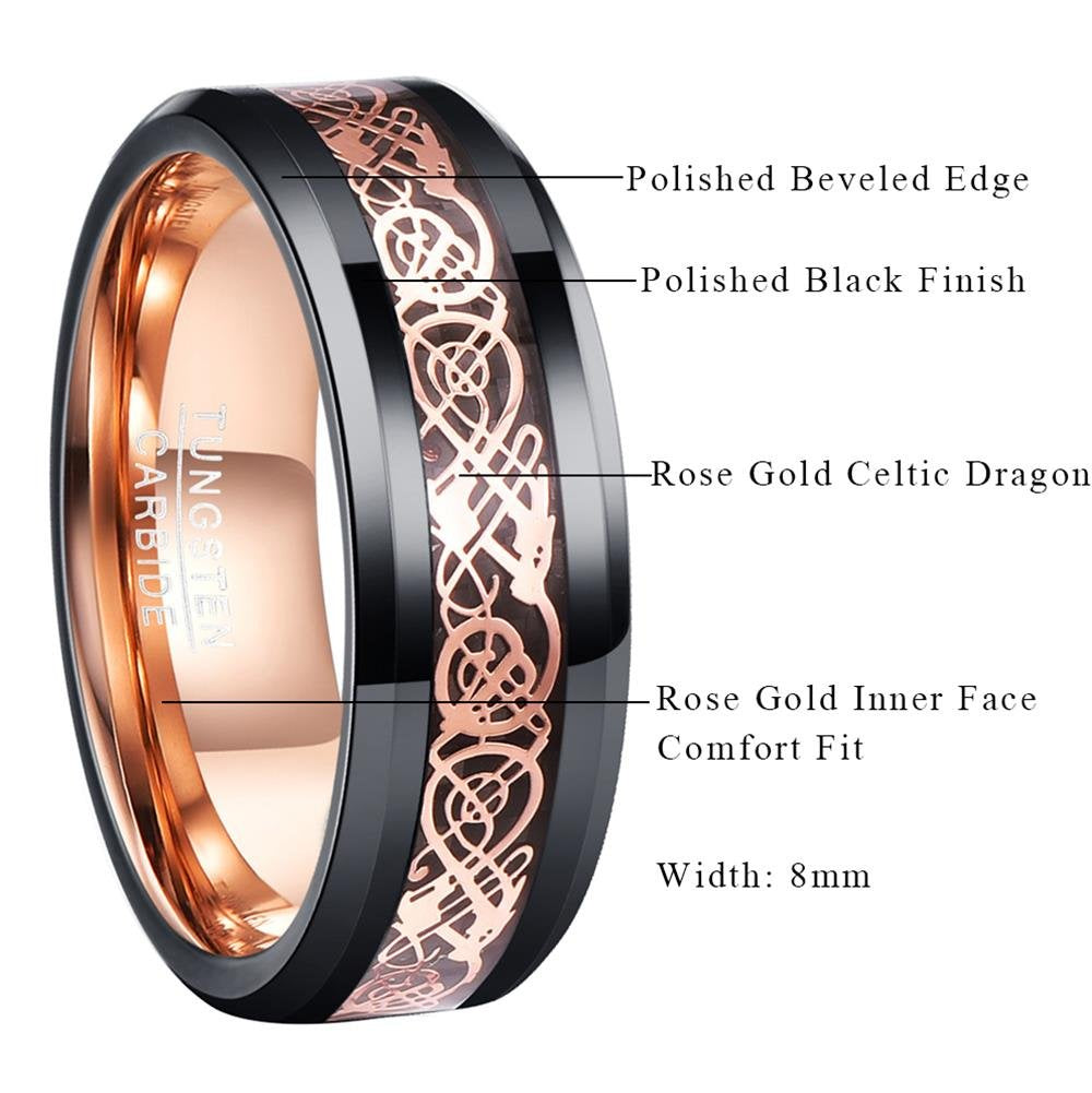 NUNCAD Schwarz Ring Wolfram Partner Ring Herren Damen 8mm Keltische Drachen Ring mit Kohlefasern Blau/Grün/Rot/Rosegold Größe 49.3-72(15.7-22.9)