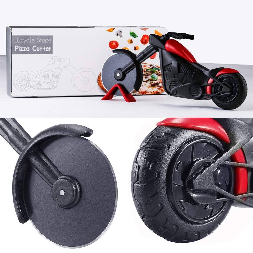 ELB Biker Motorrad Pizzaschneider, Lustige Pizza Schneider Edelstahl Kunststoff Pizzaroller Pizzarad Pizzamesser, Pizza Cutter mit Scharfem Schneiderad & Ständer für Weihnachten Kreativ Geschenke (Rot)