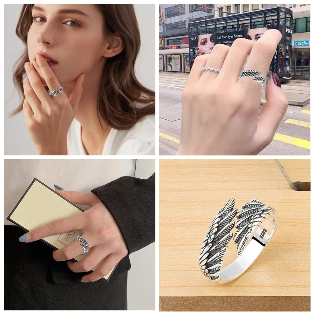 Ring Verstellbar 925 Silber Feder Ring Frauen Offene Ring Unisex Vintage Angel Ring Engels Flügel Ring für Damen Frauen Schmuck Geschenk personalisiert Verlobungsringe Eheringe mit Geschenkbox