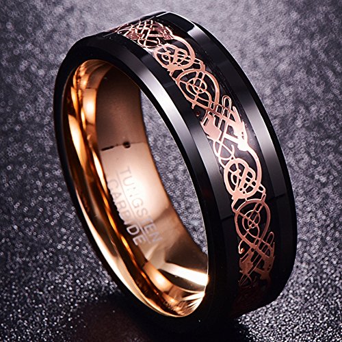 NUNCAD Schwarz Ring Wolfram Partner Ring Herren Damen 8mm Keltische Drachen Ring mit Kohlefasern Blau/Grün/Rot/Rosegold Größe 49.3-72(15.7-22.9)