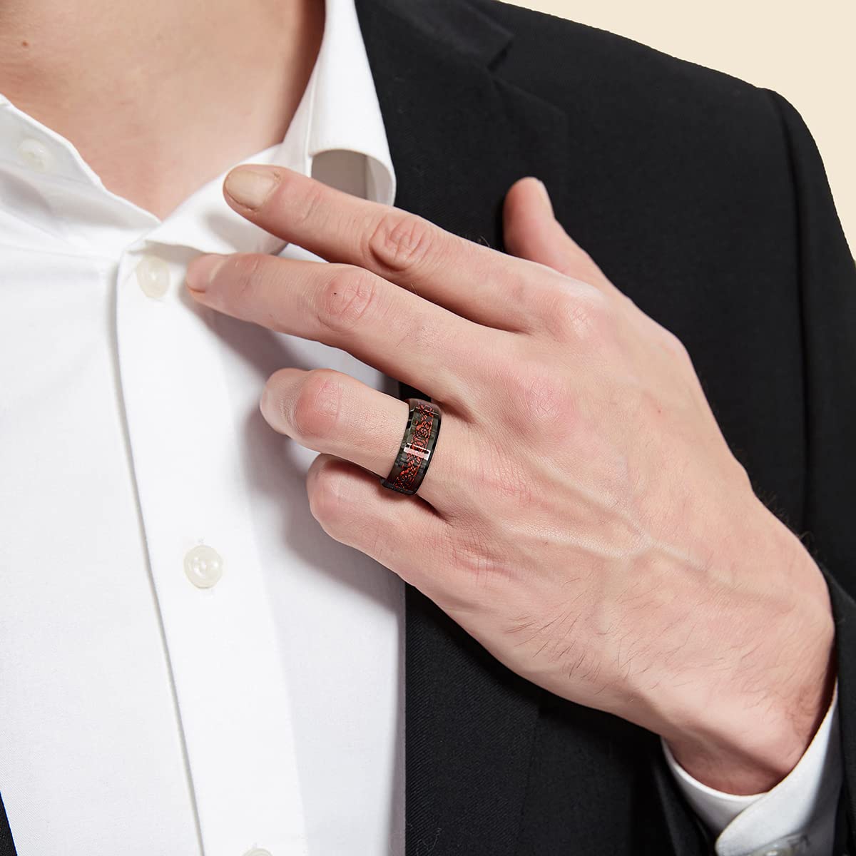 NUNCAD Schwarz Ring Wolfram Partner Ring Herren Damen 8mm Keltische Drachen Ring mit Kohlefasern Blau/Grün/Rot/Rosegold Größe 49.3-72(15.7-22.9)