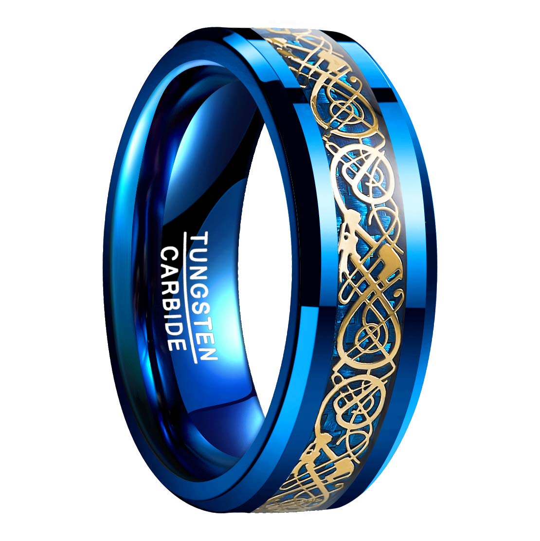 NUNCAD Schwarz Ring Wolfram Partner Ring Herren Damen 8mm Keltische Drachen Ring mit Kohlefasern Blau/Grün/Rot/Rosegold Größe 49.3-72(15.7-22.9)
