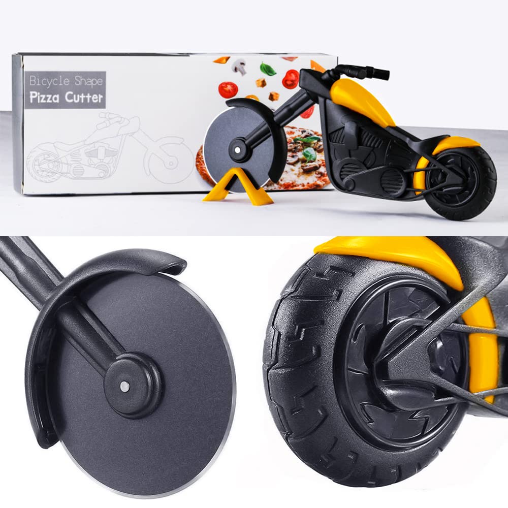 ELB Biker Motorrad Pizzaschneider, Lustige Pizza Schneider Edelstahl Kunststoff Pizzaroller Pizzarad Pizzamesser, Pizza Cutter mit Scharfem Schneiderad & Ständer für Weihnachten Kreativ Geschenke (Rot)