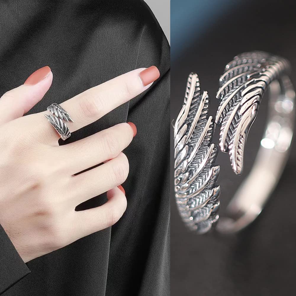 Ring Verstellbar 925 Silber Feder Ring Frauen Offene Ring Unisex Vintage Angel Ring Engels Flügel Ring für Damen Frauen Schmuck Geschenk personalisiert Verlobungsringe Eheringe mit Geschenkbox