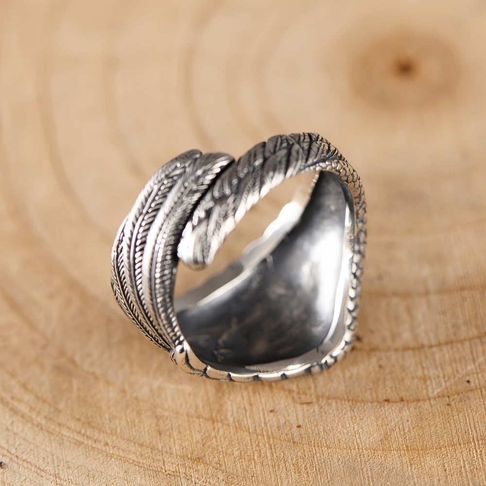 ELB Bike Vintage Schwarz 925 Sterling Silber Flügel Feder Ring Engelsflügel Schmuck für Herren Damen Offen und Verstellbar
