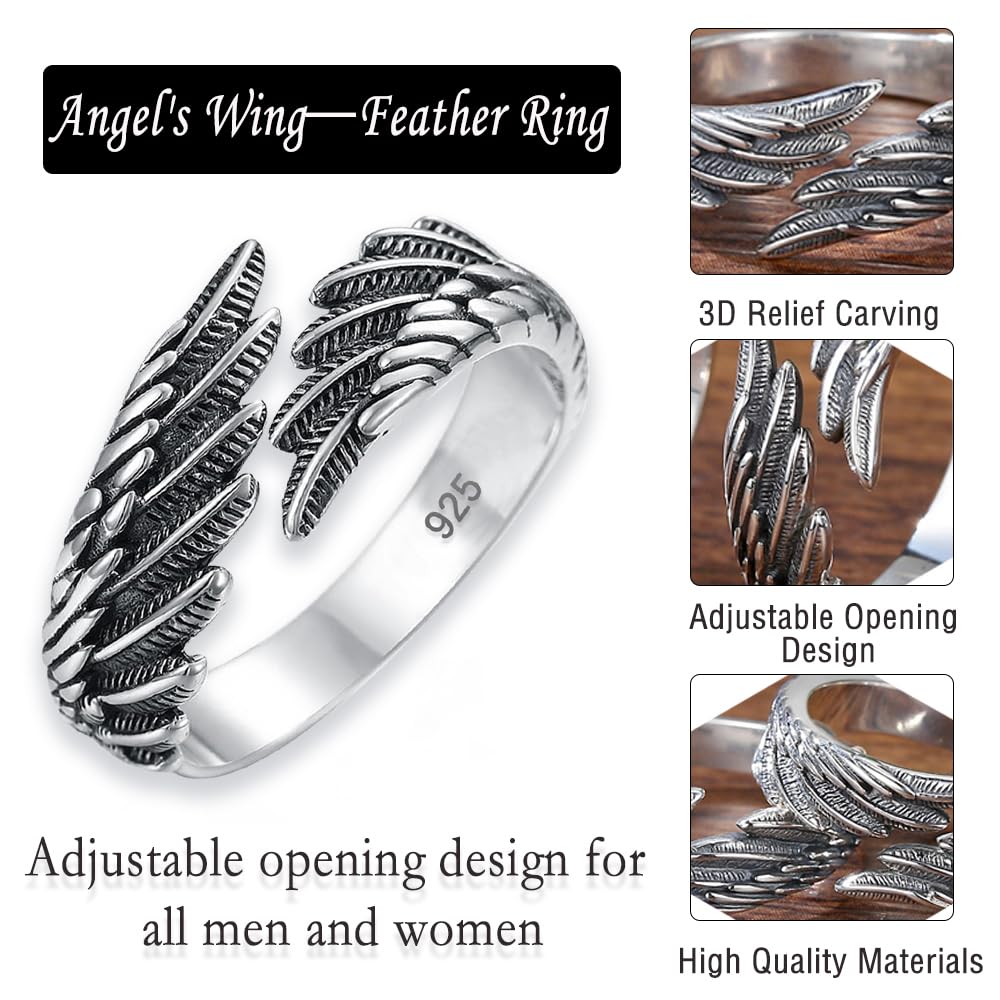 Ring Verstellbar 925 Silber Feder Ring Frauen Offene Ring Unisex Vintage Angel Ring Engels Flügel Ring für Damen Frauen Schmuck Geschenk personalisiert Verlobungsringe Eheringe mit Geschenkbox