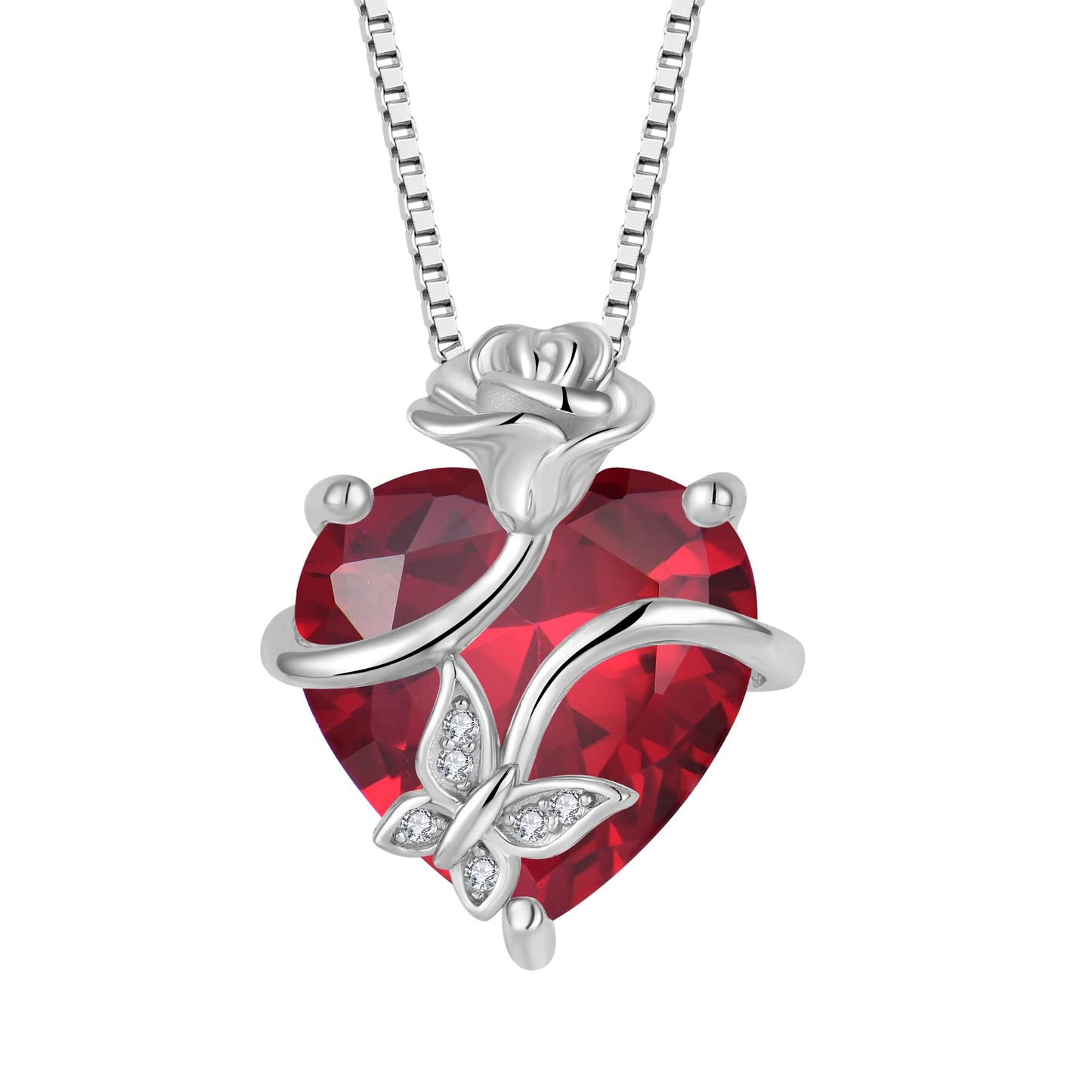 FJ Herz Geburtsstein Kette Damen 925 Sterling Silber Schmetterling Kette Anhänger mit Rose Blume Schmuck Geschenke für Frauen Mutter Freundin Mama