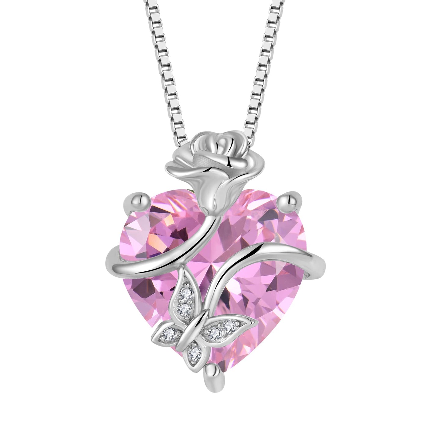 FJ Herz Geburtsstein Kette Damen 925 Sterling Silber Schmetterling Kette Anhänger mit Rose Blume Schmuck Geschenke für Frauen Mutter Freundin Mama