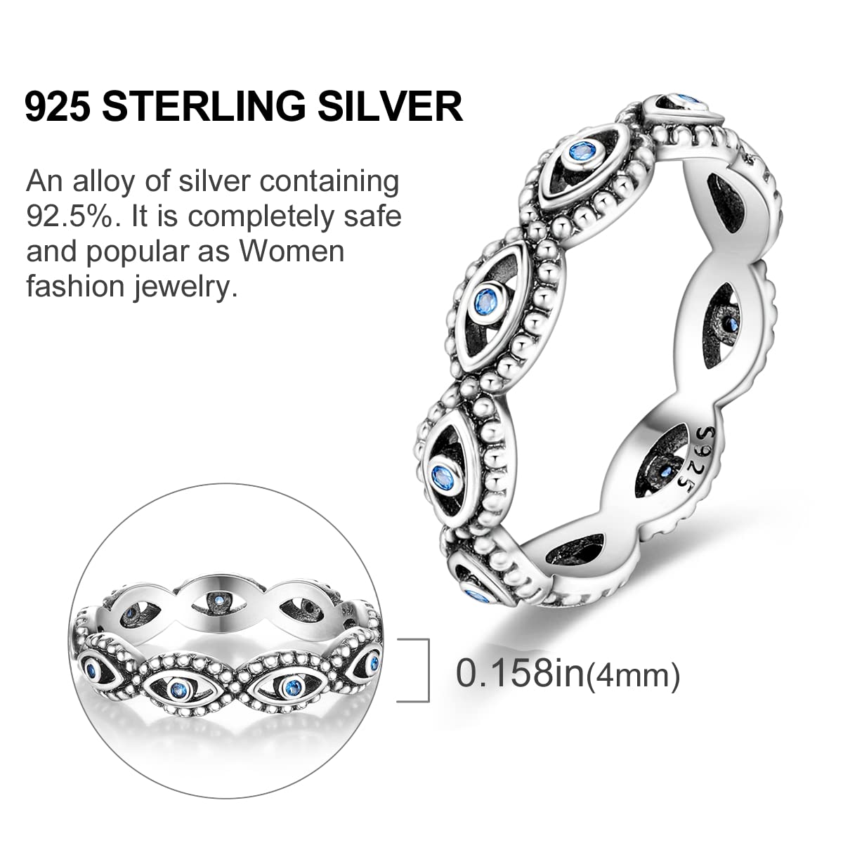 NARMO 925 Sterling Silber Frauen Ringe Mond Stern Ring Evil Eye Ring Bunte Cubic Zirkonia Ring Stapelbare Vintage Ringe Statement Ringe für Frauen Größe 52-60mm