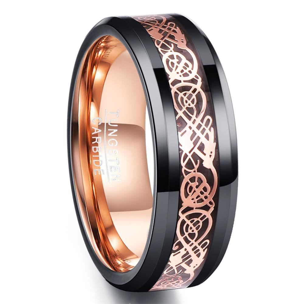 NUNCAD Schwarz Ring Wolfram Partner Ring Herren Damen 8mm Keltische Drachen Ring mit Kohlefasern Blau/Grün/Rot/Rosegold Größe 49.3-72(15.7-22.9)