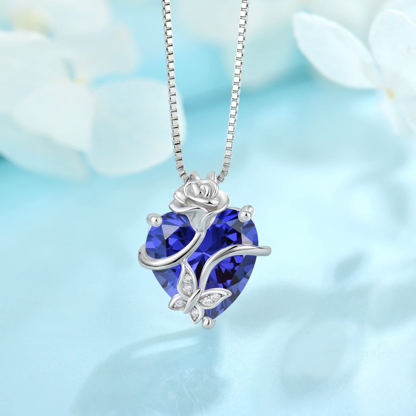 FJ Herz Geburtsstein Kette Damen 925 Sterling Silber Schmetterling Kette Anhänger mit Rose Blume Schmuck Geschenke für Frauen Mutter Freundin Mama