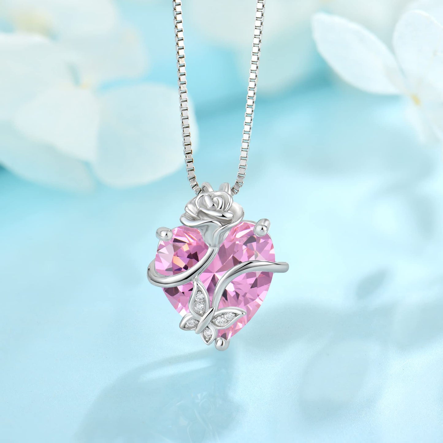 FJ Herz Geburtsstein Kette Damen 925 Sterling Silber Schmetterling Kette Anhänger mit Rose Blume Schmuck Geschenke für Frauen Mutter Freundin Mama
